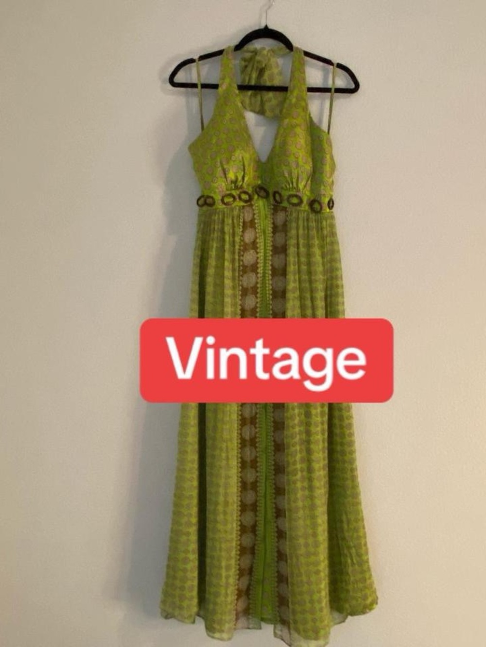Vintage Lime Green Halter Maxi Dress with Brown Accents - Picture 2 of 8